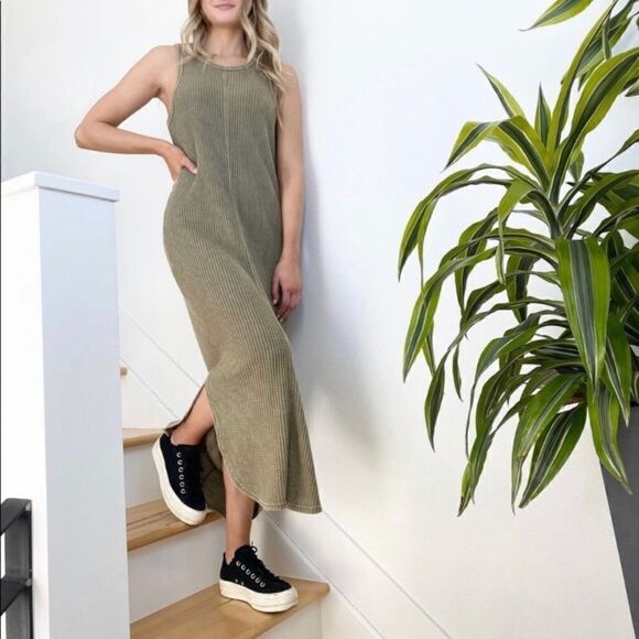 Thread & Supply Emery Waffle Knit Sleeveless Midi Dress- Olive green - Picture 1 of 11
